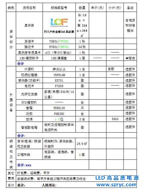 戶外全彩LED顯示屏報價清單列表