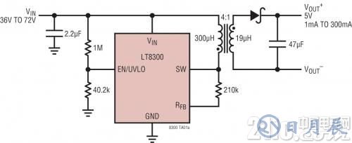 圖 1：具主端輸出電壓檢測的 LT8300 反激式轉換器